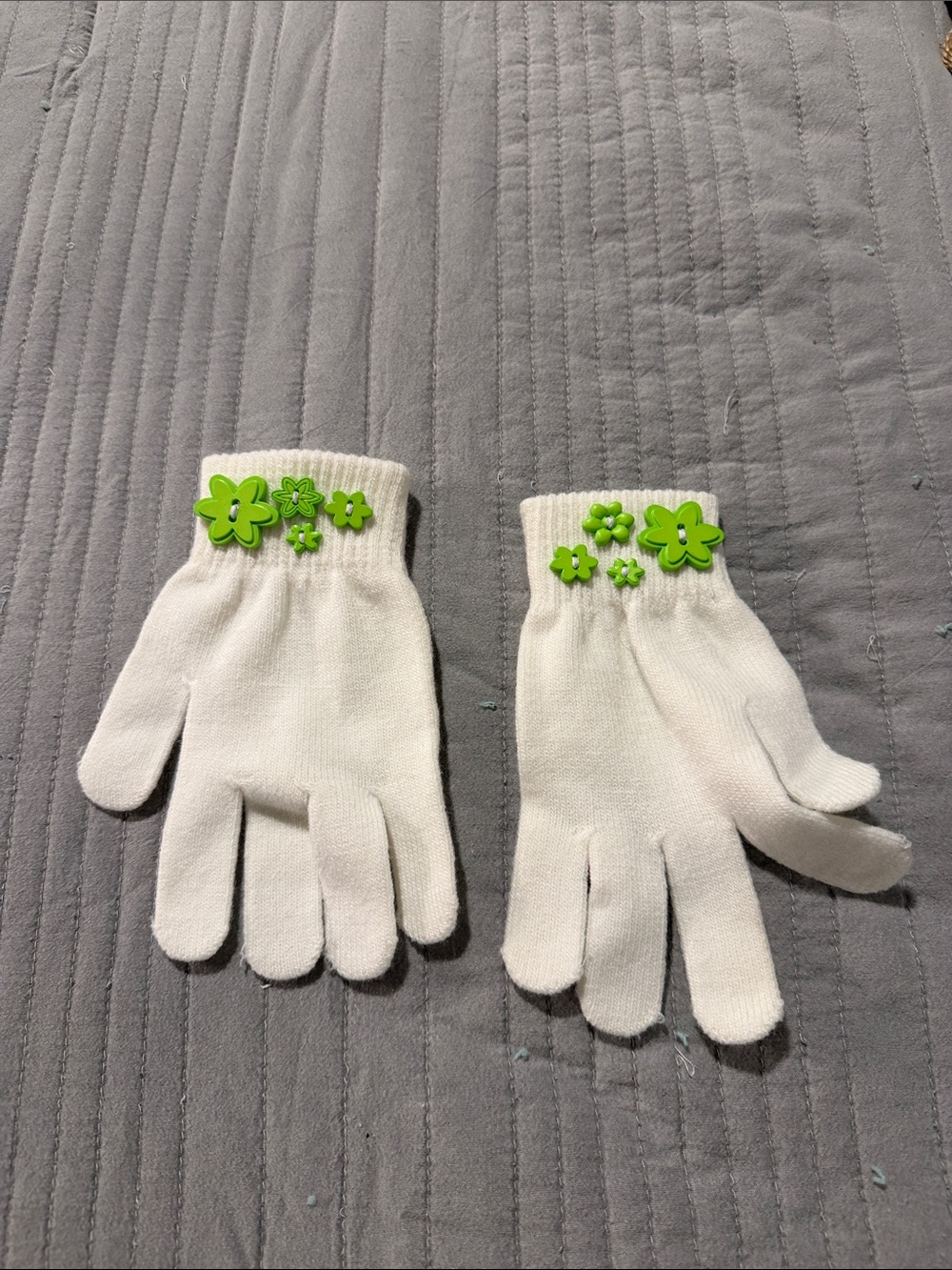Kids White Gloves with Green Flower Accents